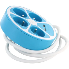 Chacon CHA5411478496533 Regleta de Diseño Circular 4X16A con Cable de 1,5 m, 2 USB-A y Switch - Azul