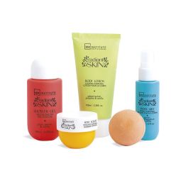 IDC INSTITUTE Estuche Radiant Skin 5 piezas: Gel, Loción Corporal, Exfoliante, Colonia y Bomba de Baño para Cuidado Completo