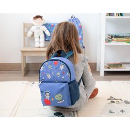 KioKids Mochila Escolar Azul 4.6L de Poliéster, Bolsillos Cremallera y Lateral, Tirantes Ajustables para Colegio/Guardería +18M