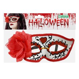 Antifaz Blanco Con Detalles Rojos Y Flor Lateral Para Disfraz De Catrina