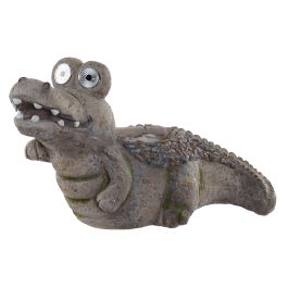 DKD Home Decor Lámpara Solar LED de Jardín Figura Cocodrilo Macetero Artesanal Resina Gris 21x27x45 cm - Pack 2 Unidades