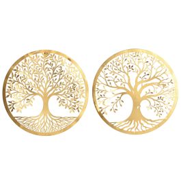DKD Home Decor Decoración Pared Shabby Árbol Metal Dorado 40x40 cm Set de 4 Unidades