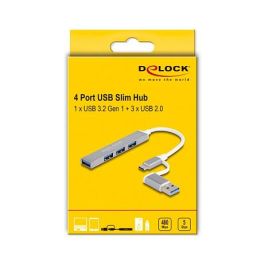 DeLOCK Hub USB 3.2 Gen 1 de 4 Puertos (3x USB 2.0 + 1x USB 5 Gbps), Conexión USB Tipo-A o Tipo-C, Plug & Play, Plata