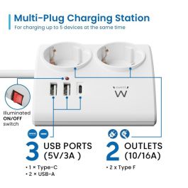 Ewent Regleta EW3870 2 Tomas Schuko, 2 USB-A y 1 USB-C con Carga Rápida, Interruptor, Protección Niños, 1.5m