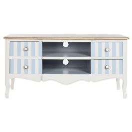 DKD Home Decor Mueble TV Mediterráneo Colección Bayona 2023 Madera Paulownia Blanco Azul Celeste 120x48x60 cm con 4 Cajones y 3 Puertas