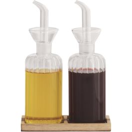 DKD Home Decor Aceitera Vinagrera Basicos Set de 2 Borosilicato Acacia 250ml Transparente Natural 7.5x21x14cm