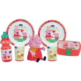 Fun House FUN3524550064826 Vajilla Peppa Pig: 2 Platos Hondos Ø 22 cm, 2 Vasos 220 ml, Botella Agua 350 ml, Caja Aperitivos, Peluche 17 cm