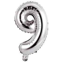 Party Time Globo Cifra 9 Plata 35 cm para Aniversarios y Cumpleaños, Hinchable Aire o Helio, Reutilizable, Duración 2-6 Semanas, Incluye tubo