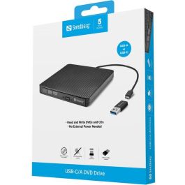 Sandberg Unidad de DVD externa USB-C y USB-A, Reproductor y grabador de CD/DVD para ordenador, alimentado por USB