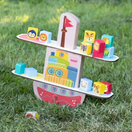 Ses Creative Barco de Equilibrio de Madera para Niños a partir de 3 años, Juego de Tablero Multijugador con 16 Piezas de Animales y Dado