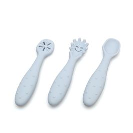 KioKids Lovely Friends Set de 3 Cubiertos de Silicona para Bebé Azul (+6 Meses) - Cuchara, Pre-cuchara, Pre-tenedor para Alimentación y Dentición
