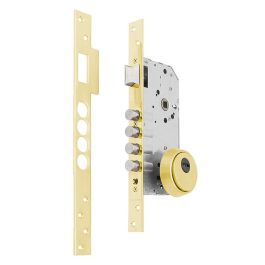 Tesa R200B566L Cerradura Embutir 4 Bulones Seguridad para Puerta Madera, Canto Recto, Dorado con Escudo E700L y Cilindro T60