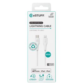 eSTUFF Cable USB-C a Lightning INFINITE Súper Suave 1m Blanco - 100% Plástico Reciclado Libre PVC Certificado MFi