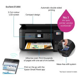 Epson ET-2850 Impresora Multifunción 3 en 1, Inyección de Tinta A4, Wi-Fi, Dúplex Automático, Color Negro