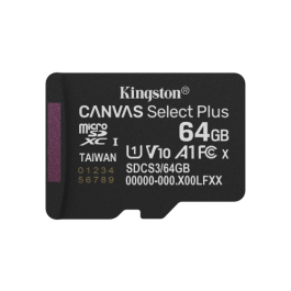 KINGSTON SDCS3/64GB MicroSDXC Canvas Select Plus 64GB, Clase 10, UHS-I U1, A1, V10, velocidad hasta 150MB/s, con adaptador SD, para Android