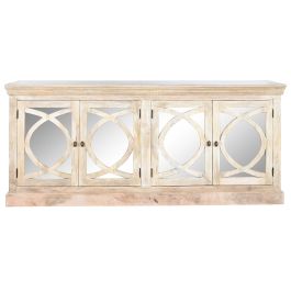 DKD Home Decor Buffet Toscana 45 x 90 x 200 cm Blanco Natural Madera Maciza Mango Espejo Hecho a Mano 4 Puertas 2 Estanterias