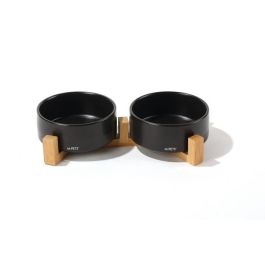Cuencos de cerámica con soporte de bambú 2x350 ml - Mpets - OPERA - Negro