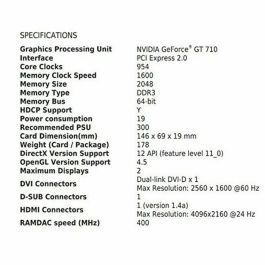 MSI Tarjeta Gráfica Nvidia GeForce GT 710 2GB DDR3 PCI Express 2.0 Interfaz 64-bit con Salidas HDMI, DL-DVI-D y D-Sub