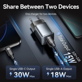 Vention FEWH0-EU Cargador de Pared GaN 30W 1xUSB Tipo-C 1xUSB Gris Enchufe UE