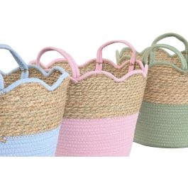 DKD Home Decor Cesta Kids de Seagrass y Algodón Rosa, Verde, Azul, Natural 35 x 28 x 35 cm (3 Unidades)