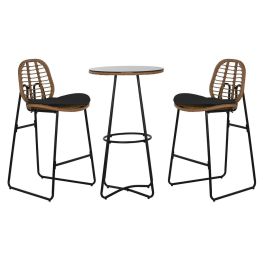 DKD Home Decor Mesa Bar Terraza Jardín Set 3 Piezas con 2 Taburetes y Cojines Marrón Negro 60x60x102 cm Acero Ratán Sintético