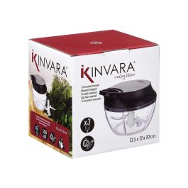 Kinvara Triturador Manual de Alimentos con Tapa de Acero Inoxidable y 3 Cuchillas, 13.5x10x12 cm, Plástico Transparente/Negro (12 Unidades)