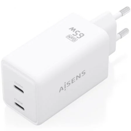 Aisens ASCH-65W2P078-W Cargador de Pared GaN 65W Blanco con 2xUSB Tipo-C PD3.0 QC4.0 para Portátiles y Móviles