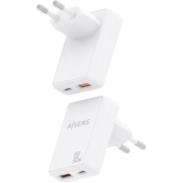 Aisens ASCH-30W2P074-W Cargador de Pared GaN 30W, 1xUSB-C, 1xUSB-USB, Blanco