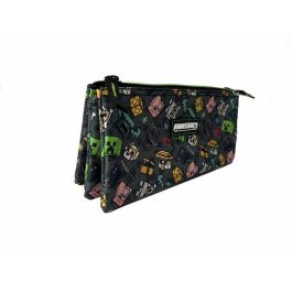 Minecraft Estuche Escolar Pixel 25 Triple para Niños, Interior Totalmente Forrado y Personalizado, Textil 9x23x9 cm