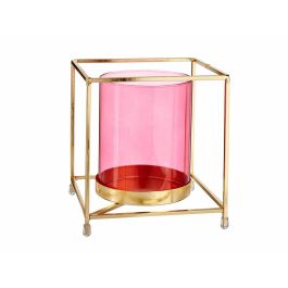 Giftdecor Base Vela Cristal Cuadrada Rosa Metal Oro 14 x 15.5 x 14 cm