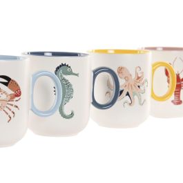 DKD Home Decor Mug Mediterraneo Blanco Multicolor Porcelana New Bone Apto Microondas Lavavajillas Capacidad 340ml 12 Unidades 8 x 9.6 x 12 cm