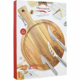 MENASTYL 5040076 Tabla de Cortar Rectangular de Madera de Acacia con 3 Cuchillos para Queso de Acero Inoxidable