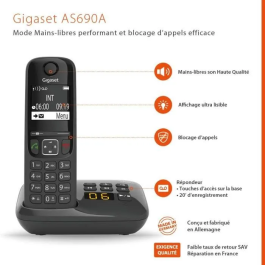 Gigaset AS690 A Quattro Teléfono Fijo Inalámbrico Negro con Contestador y Manos Libres