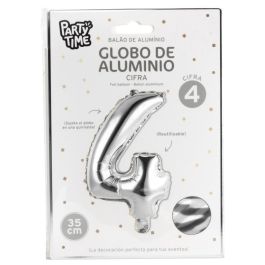 Party Time Globo Cifra 4 Plata de 35 cm para Aniversarios y Cumpleaños, Hinchable con Aire o Helio, Reutilizable