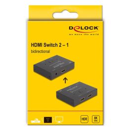 DeLOCK Conmutador HDMI Bidireccional 2 en 1, 8K 60Hz, 144Hz, 4K, HDR, Metal Negro, Incluye Cable HDMI de 1 m
