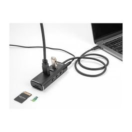 DeLOCK Hub USB 3.2 Gen 1 de 3 Puertos y Lector de Tarjetas SD/Micro SD, Conector USB-C, Cable 60 cm, 10 Gbps, Interruptor por Puerto, Negro