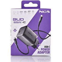 NGS BUD65W-C Cargador de Pared GaN 65W con USB-C y Cable Tipo-C a Tipo-C de 1.5m para Smartphones y Portátiles