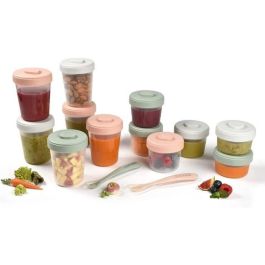 Beaba Pack Eucalipto Recipientes Porciones Bebé Primeras Comidas, Herméticos, Apilables, Sin BPA, 12 Envases (90/150/250ml) + 2 Cacitos