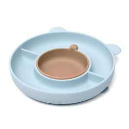 KioKids Plato de Silicona con 3 Compartimentos y Ventosa, Diseño Oso Azul para Bebés +6 Meses, Baby Led Weaning (BLW), Apto para Microondas y Lavavajillas