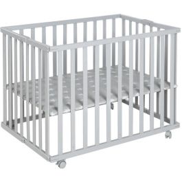 Roba ROB4005317315416 Parque infantil plegable Little Stars 75x100 cm Altura regulable Madera lacada gris topo con estrellas y ruedas freno