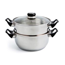 Quid Set Vaporera y Cacerola Acero Inoxidable Gastro Fresh 22 cm 3 Piezas Tapa Hermética Válvula Apto Lavavajillas