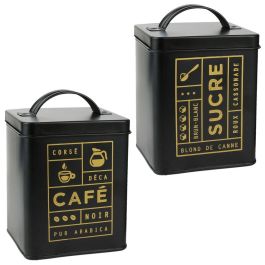 La Boite a Bote Metal "Sucre" o "Café" Colección Lounge Negro Mate con Ilustraciones Doradas Tapa 11,5x11,5x17,5 cm