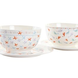 DKD Home Decor Ballenitas Vajilla Infantil Porcelana Apta Microondas Set 3 Piezas Multicolor Blanco 19 x 2 x 19 cm