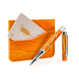 Belius Cocktails Bolígrafo y Tarjetero de Aluminio y Símil Piel, Naranja Plateado con Tinta Azul, Protección RFID, Caja Diseño