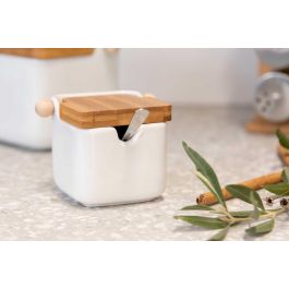 Vessia Azucarero Cerámica Blanco Tapa Bambú Acero Inoxidable 10 cm x 7.5 cm x 8 cm (Set de 6)