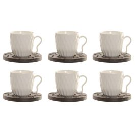 DKD Home Decor Set de 6 Tazas de Porcelana y Bambú, Colección Pengjia 25, Blanco y Marrón Oscuro, Acabado Relieve, 90ml