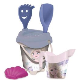 Cubo playa castillo frozen 2 con cedazo, pala,rastrillo y regadera y moldes 18 cm .