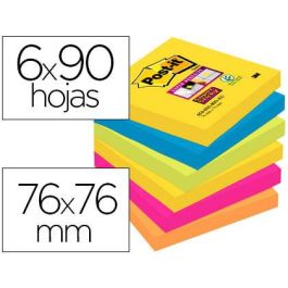 Bloc De Notas Adhesivas Quita Y Pon Post-It Super Sticky 76x76 mm Con 90 Hojas Pack De 6 Bloc Colores Surtidos