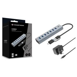 Conceptronic HUBBIES21GP Hub USB 3.0 Gris con 7 Puertos USB-A y Conexiones USB-A y USB-C