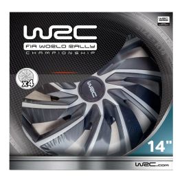 WRC Juego de 4 Tapacubos Bicolores 14 Pulgadas Negro Mate y Gris Plateado Diseño Deportivo TURBO en ABS